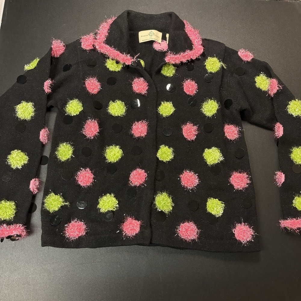 Design Options Philip‎ Jane Gordon Sz Med Black Cardigan Sweater / Pink & Green